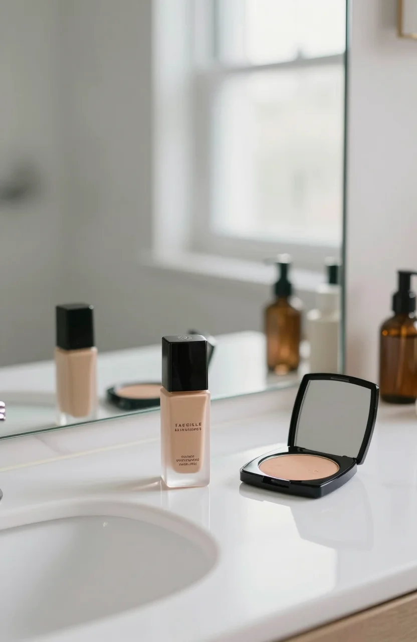 Produits maquillage teint poses a cote d un miroir en lumiere naturelle