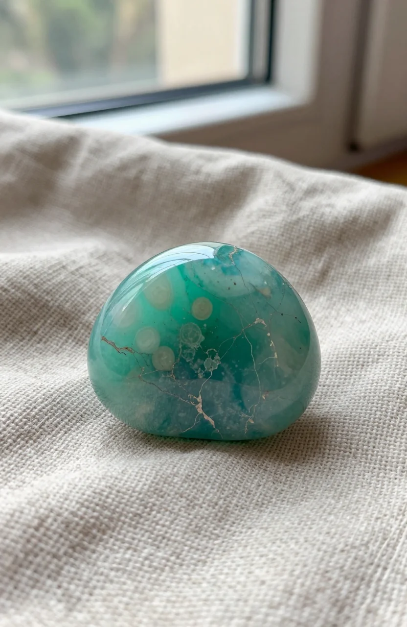 Pierre amazonite turquoise clair posee sur un tissu naturel