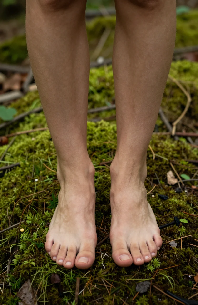 Pieds nus sur un sol forestier moussu en lumière douce