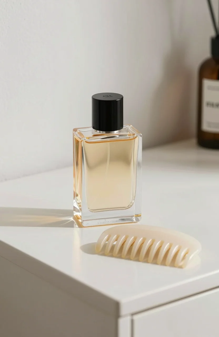 Flacon de parfum et peigne acetate sur une coiffeuse en lumiere naturelle