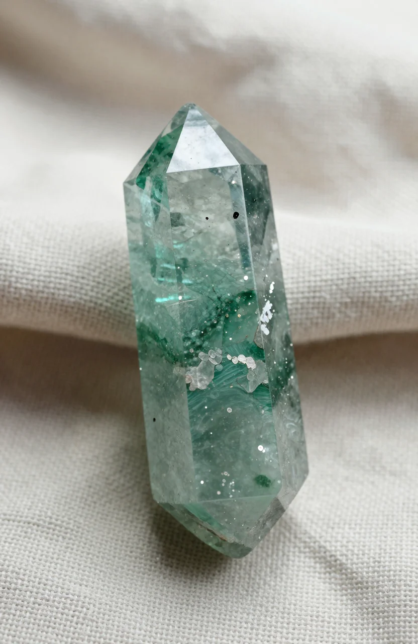 Pierre d'aventurine verte polie posee sur un linge naturel clair