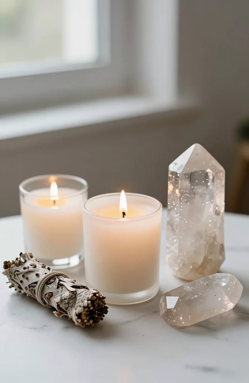 Ambiance esoterique douce avec pierres et bougie dans un interieur lumineux