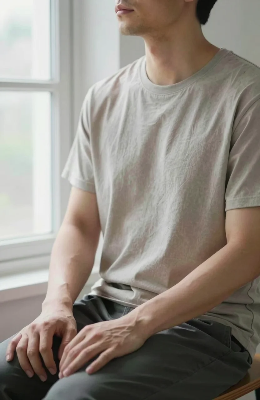 Personne assise calme pratiquant une respiration lente les yeux mi-clos près d'une fenêtre claire