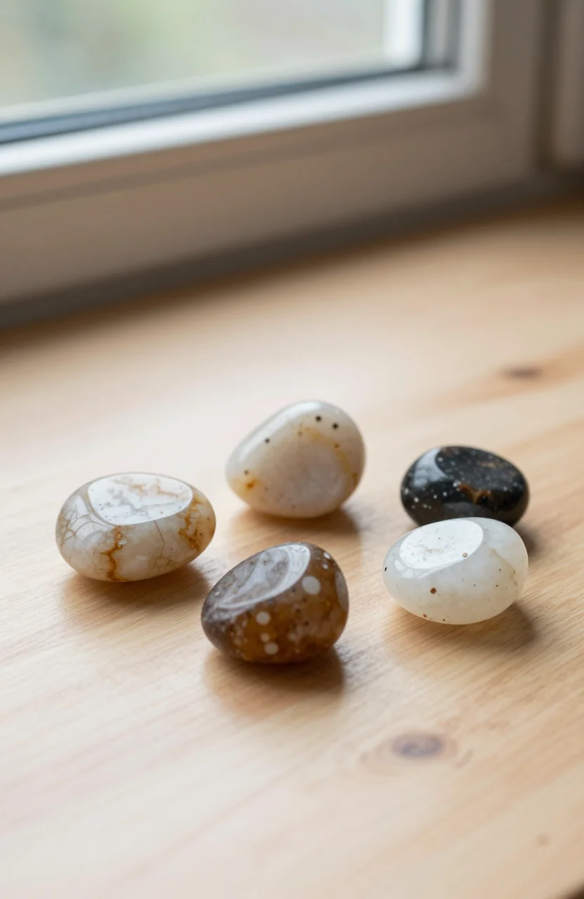 Selection de pierres naturelles posees sur une table en bois clair