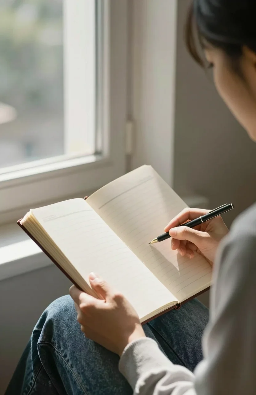 Personne lisant tranquillement un agenda au soleil du matin