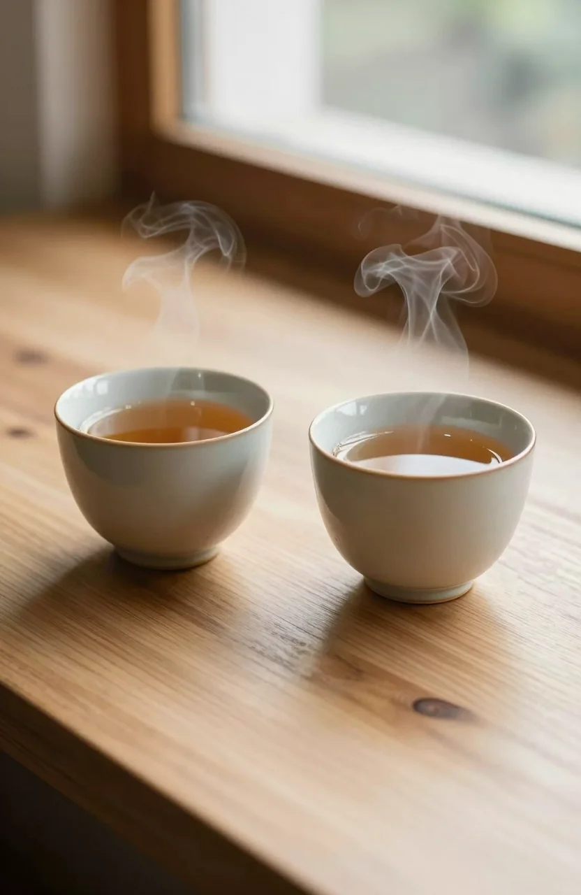 Deux tasses de thé côte à côte sur une table en bois claire près d'une fenêtre lumineuse