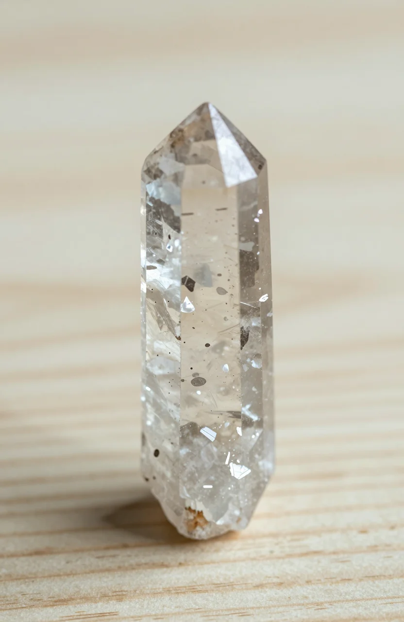 Pointe de cristal de roche transparent sur une surface claire