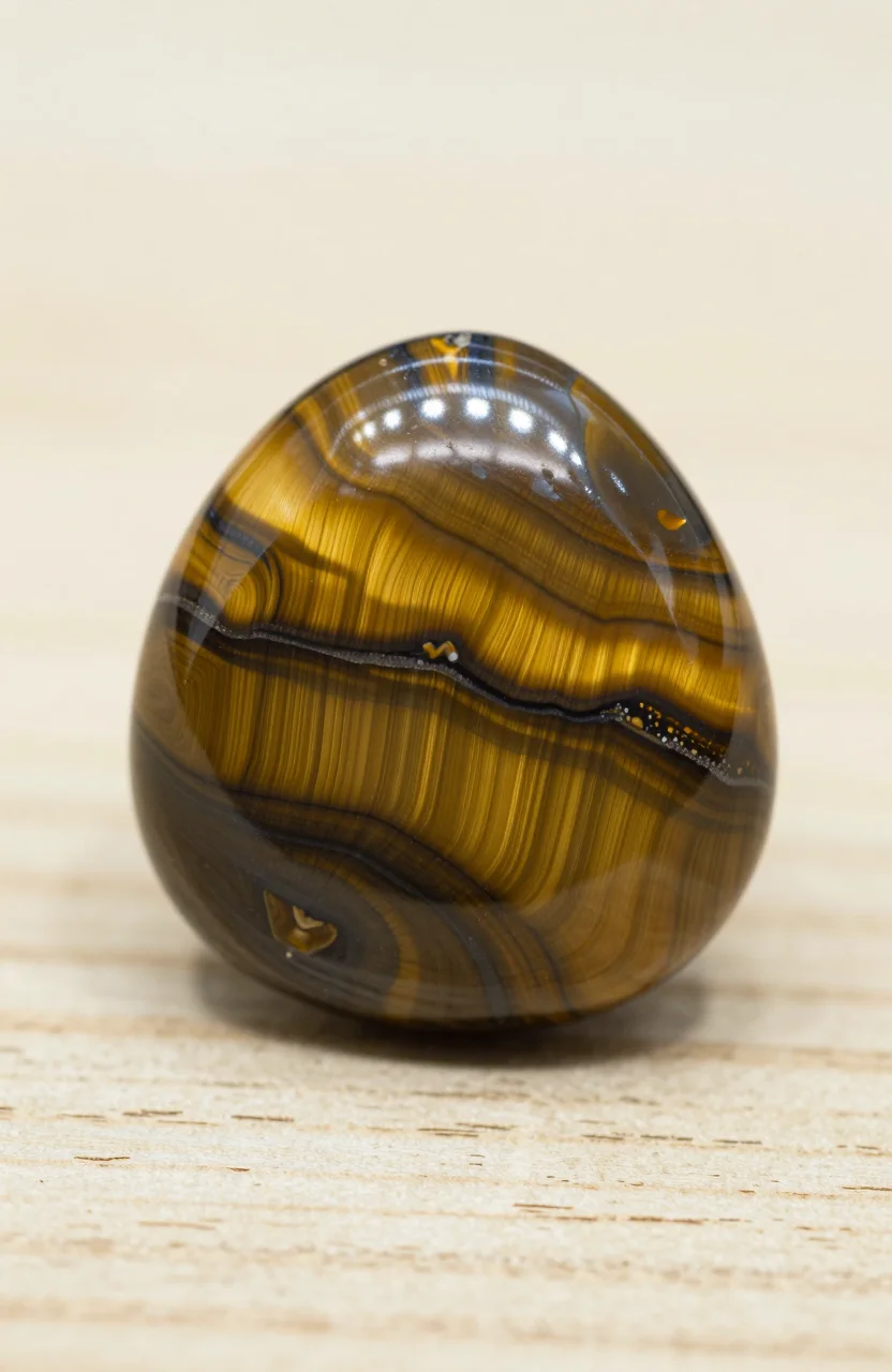 Cabochon d’œil de tigre doré et brun posé sur une surface en bois clair