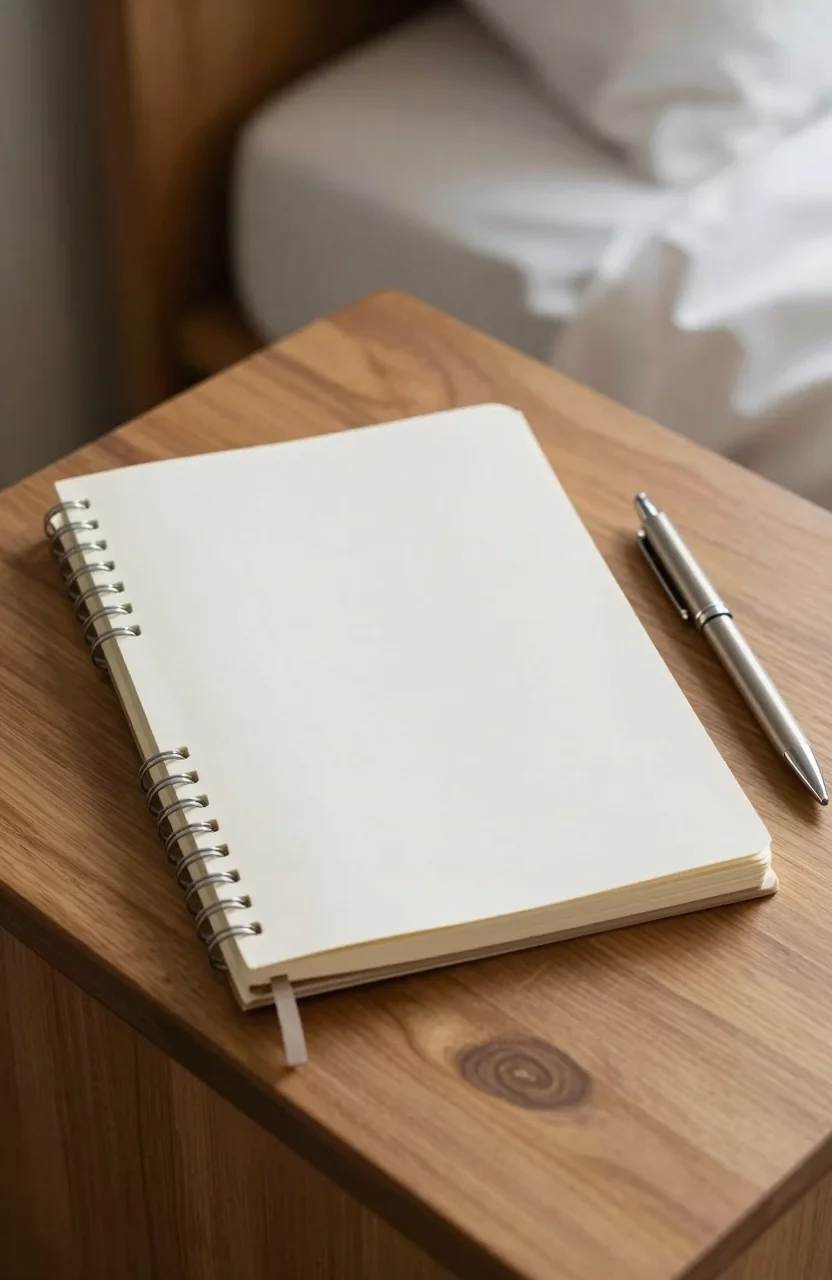 Carnet de reves et stylo sur une table de chevet dans une chambre claire