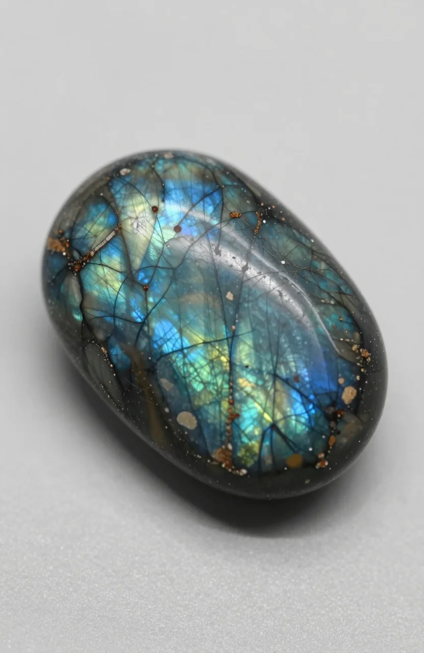 Pierre de labradorite aux reflets bleus et verts sur fond neutre