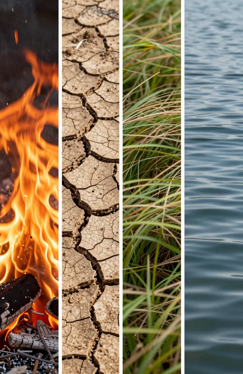Quatre textures naturelles evoquant feu terre air et eau en lumiere douce