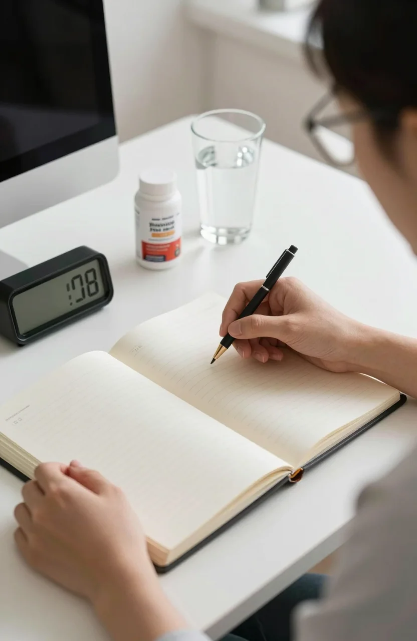 Bureau lumineux organisé avec carnet minuteur et routine bien-être pour le focus