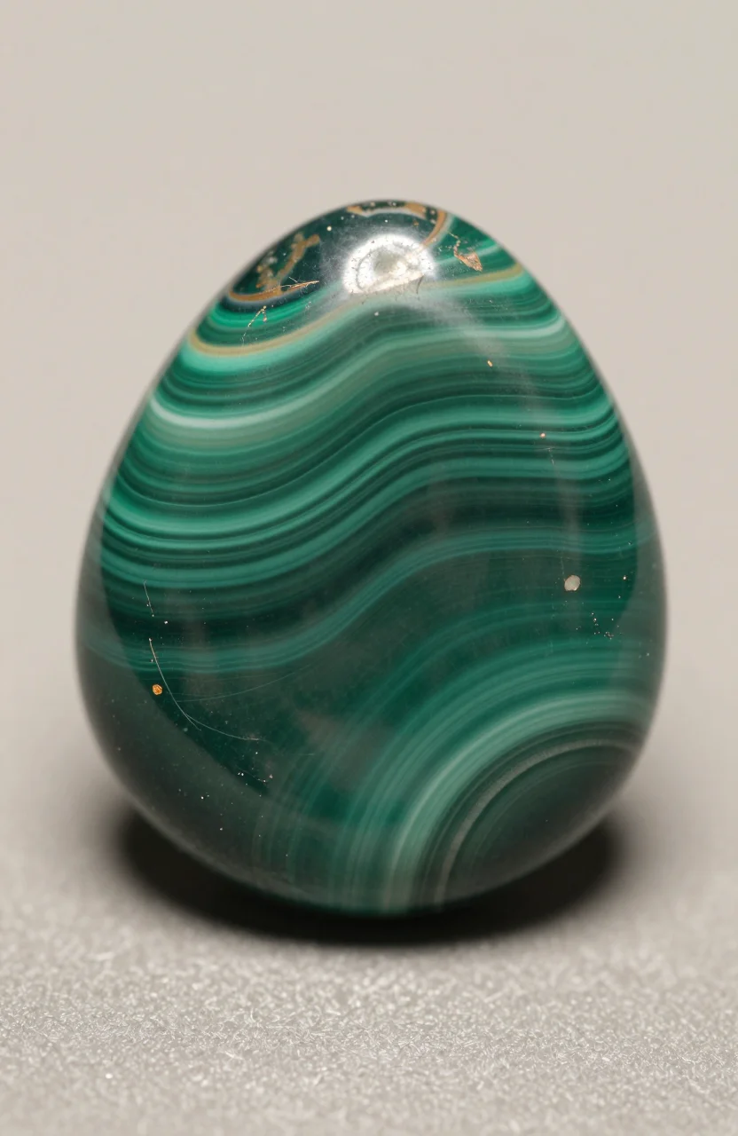 Pierre de malachite verte bandee polie sur fond neutre