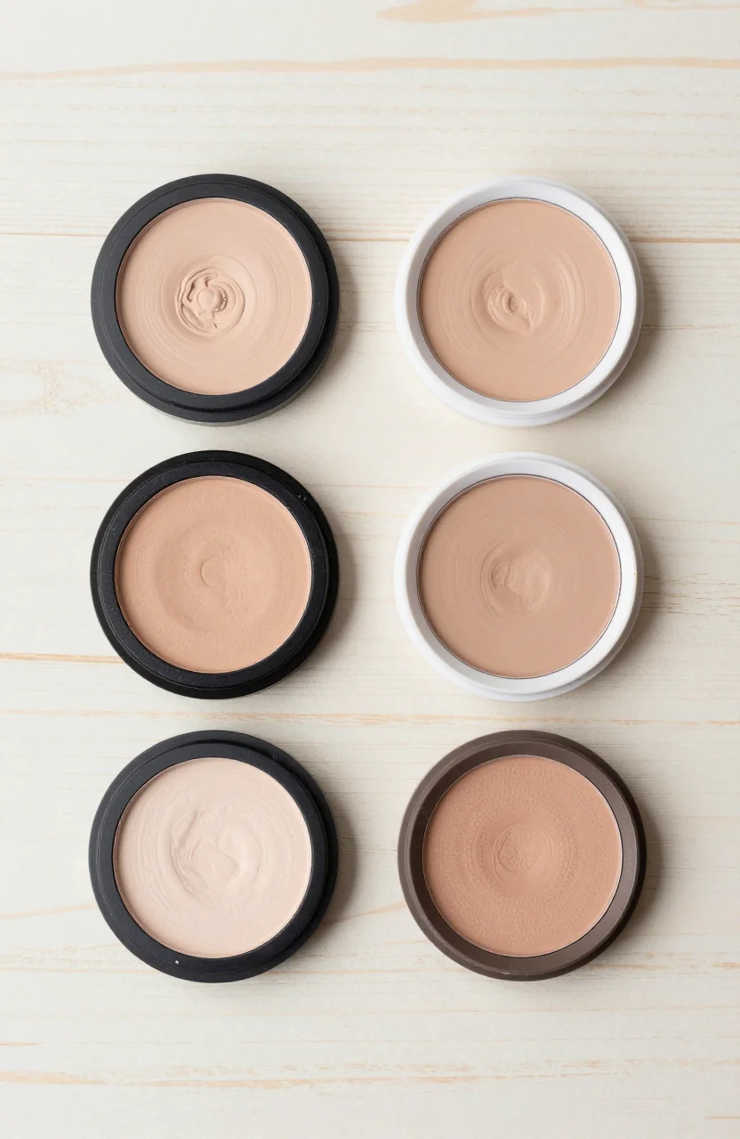 Palette de maquillage teint et blush en lumiere douce sur une table claire