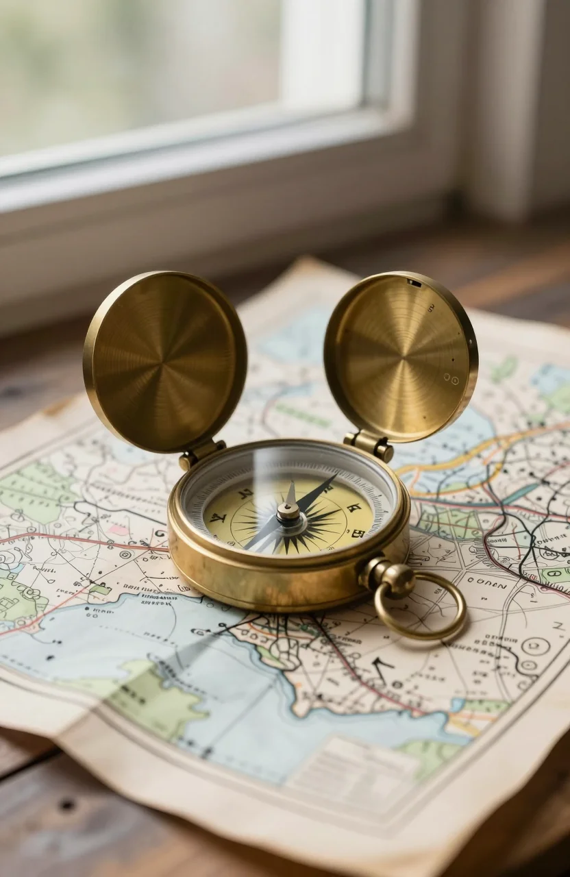 Boussole posee sur une carte ancienne, lumiere naturelle douce