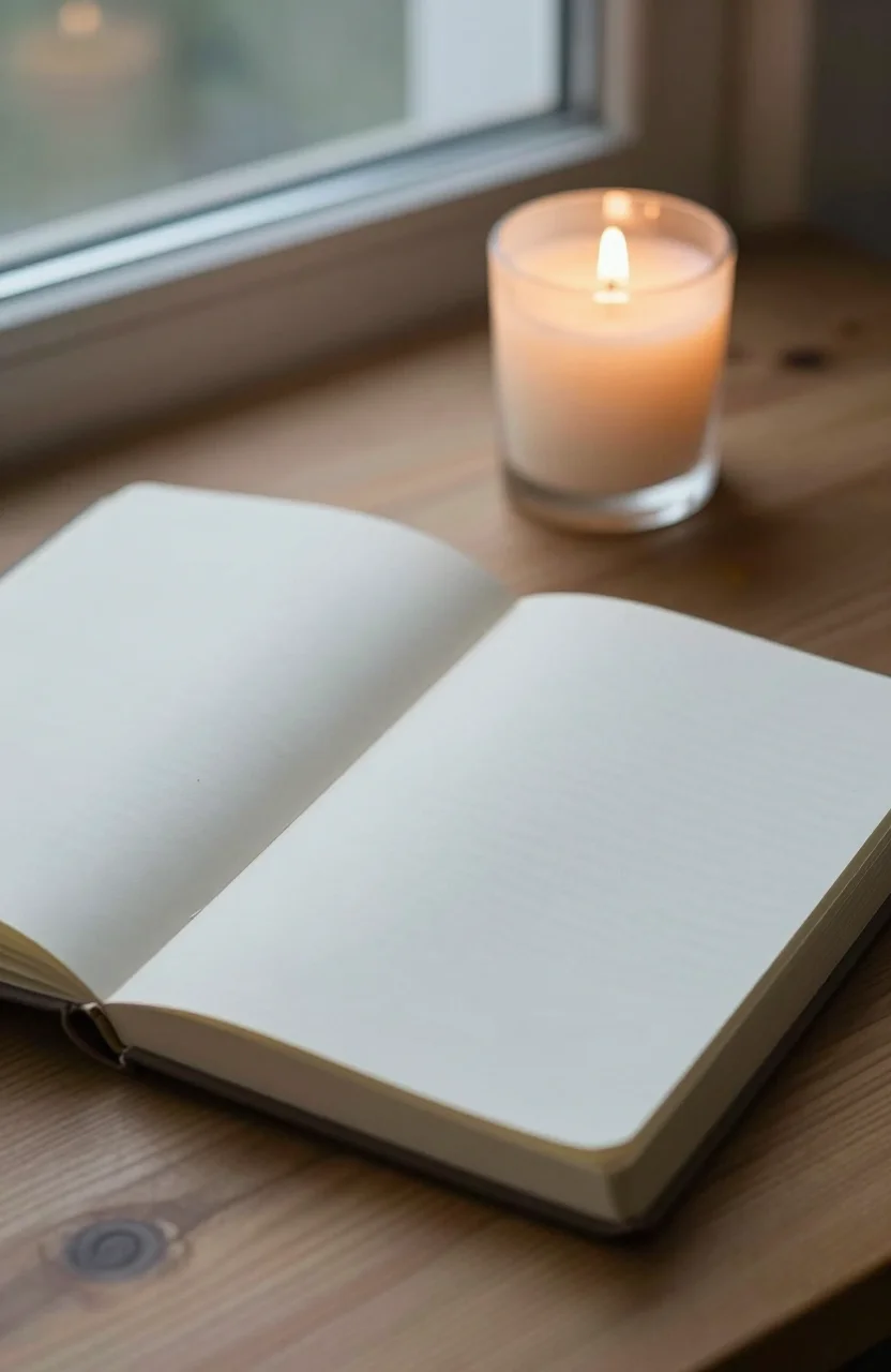 Carnet ouvert et bougie sur une table pres d'une fenetre au crepuscule