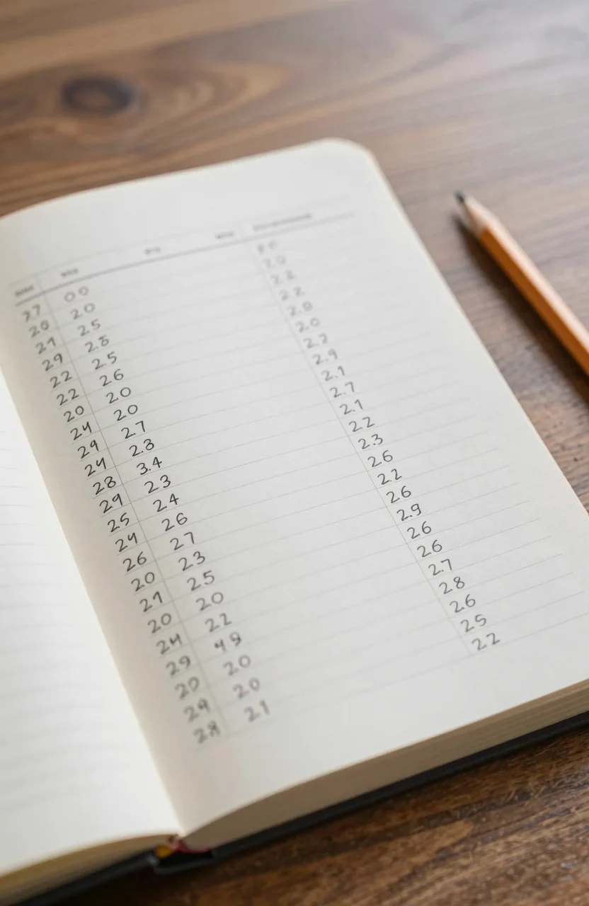 Cahier ouvert avec calculs numeriques a la main sur une table claire