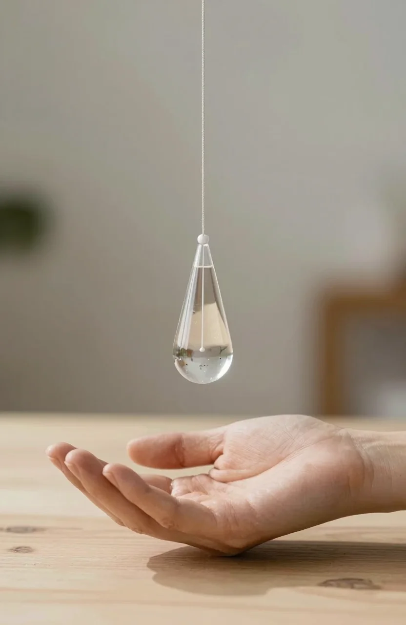 Pendule en pierre suspendu au-dessus d'une main ouverte sur une table en bois clair