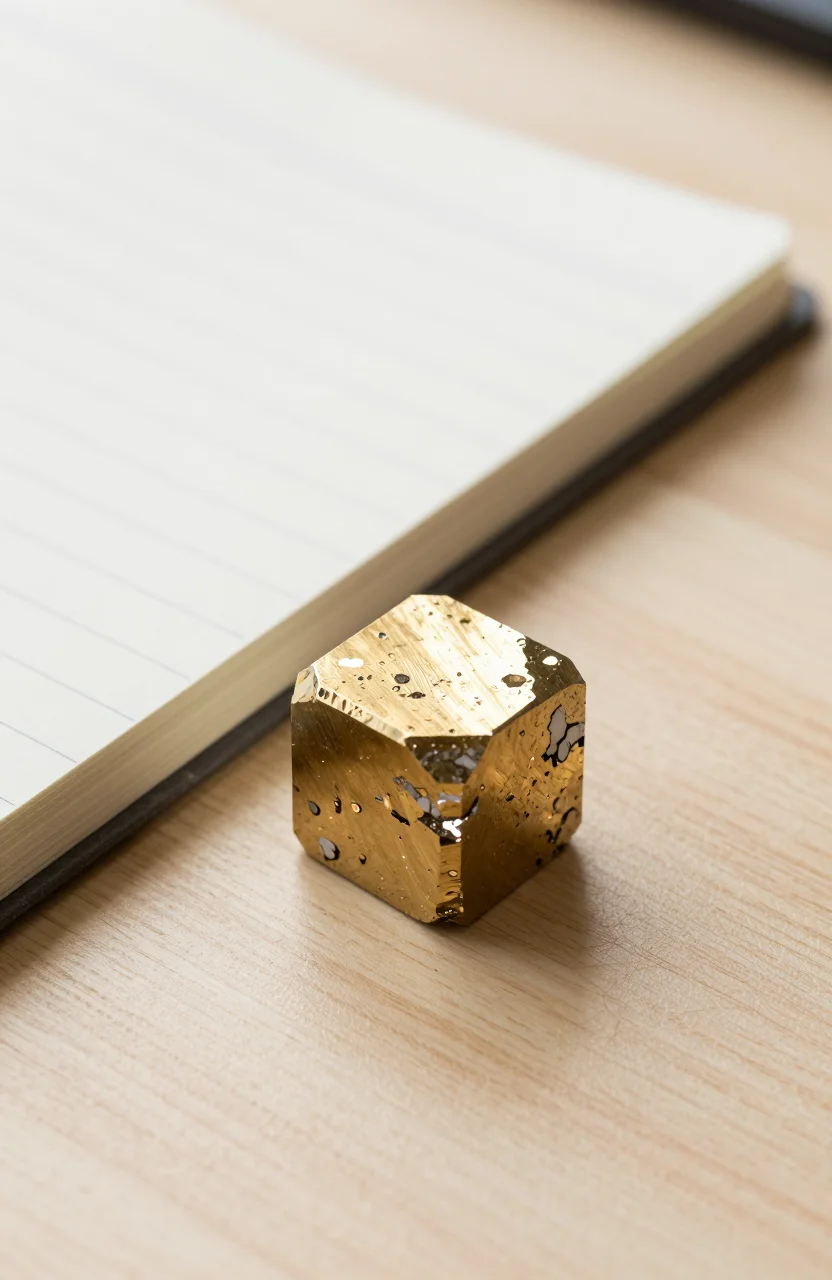 Cube de pyrite doree sur un bureau en bois clair pres d'un carnet ouvert