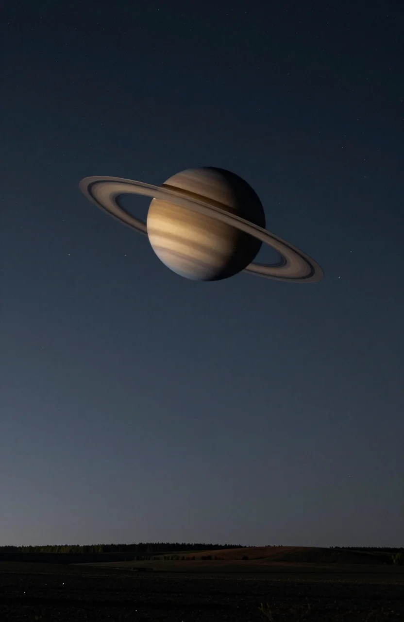 Ciel nocturne avec Saturne visible au-dessus d'un horizon calme