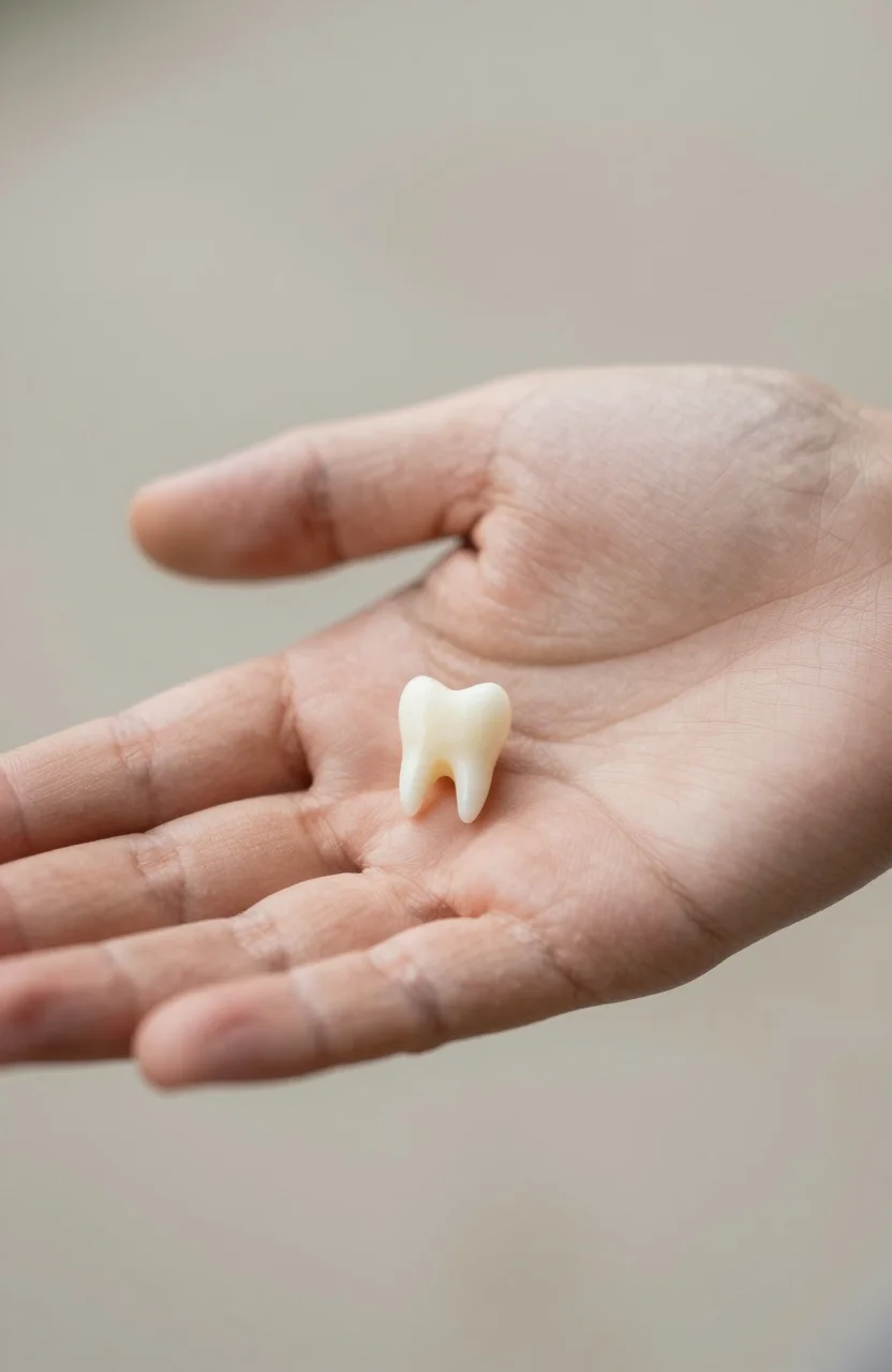 Main ouverte tenant une dent blanche sur fond neutre, lumiere douce