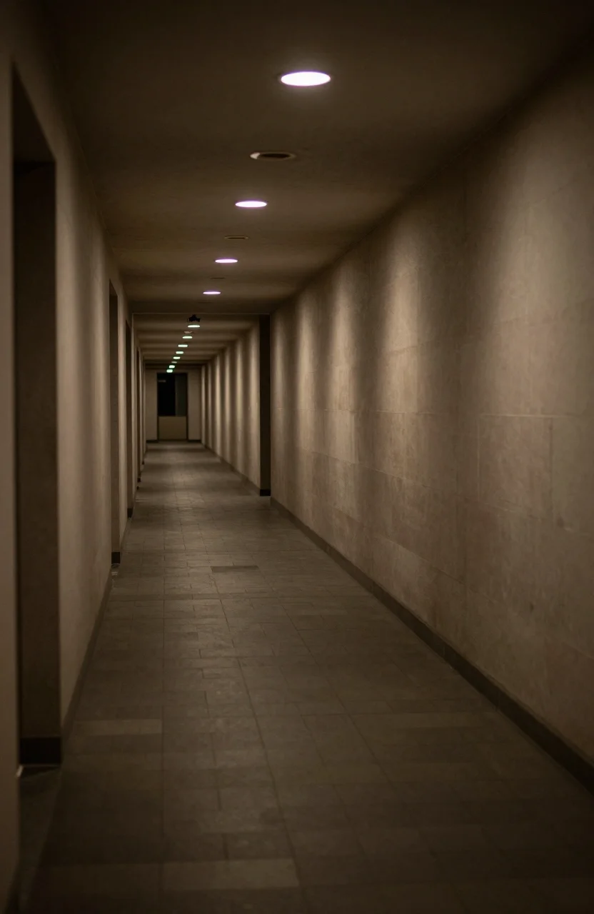 Couloir vide eclaire faiblement evoquant une fuite nocturne