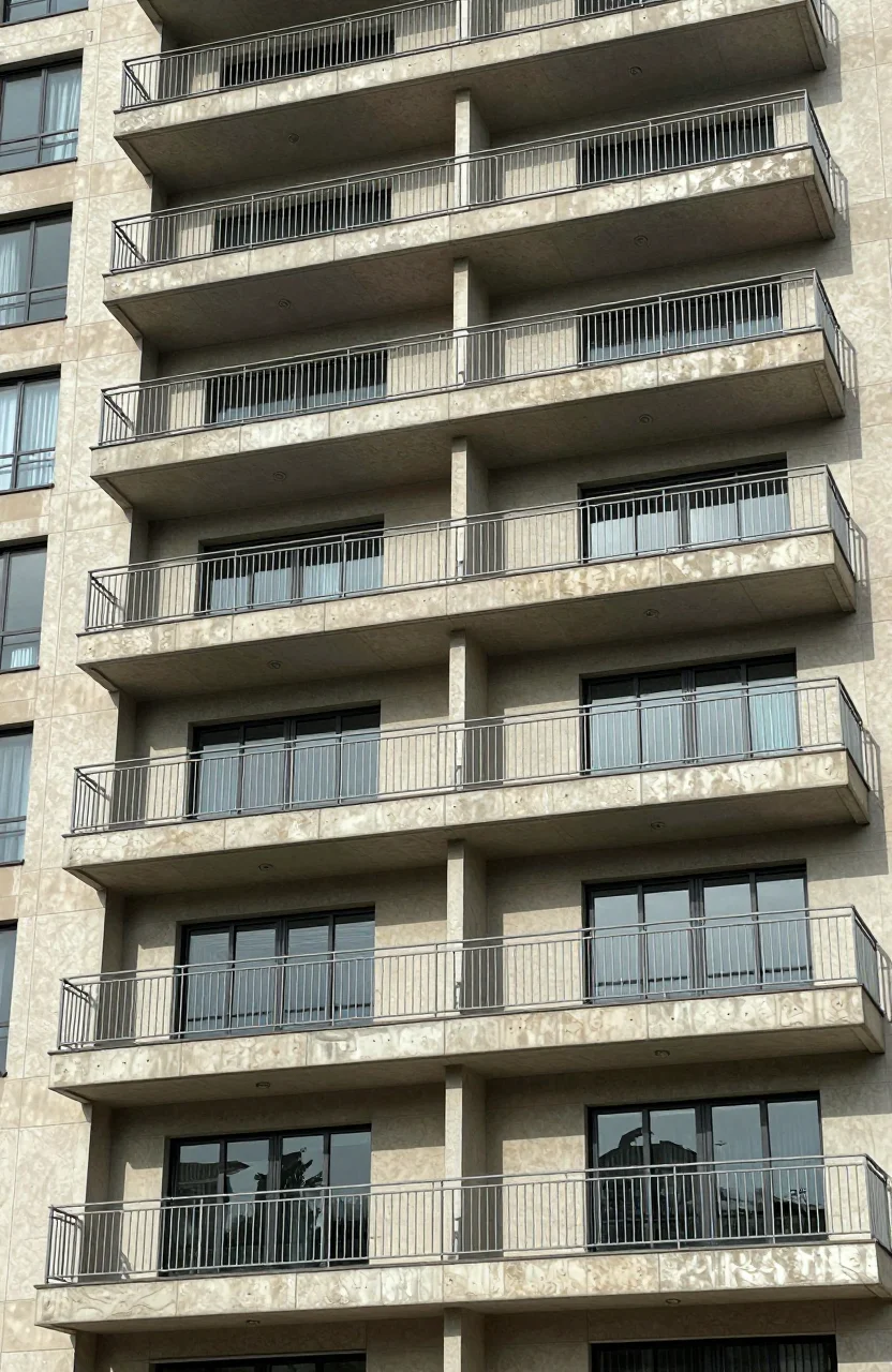 Facade d un immeuble residentiel en journee avec balcons et fenetres, photo realiste