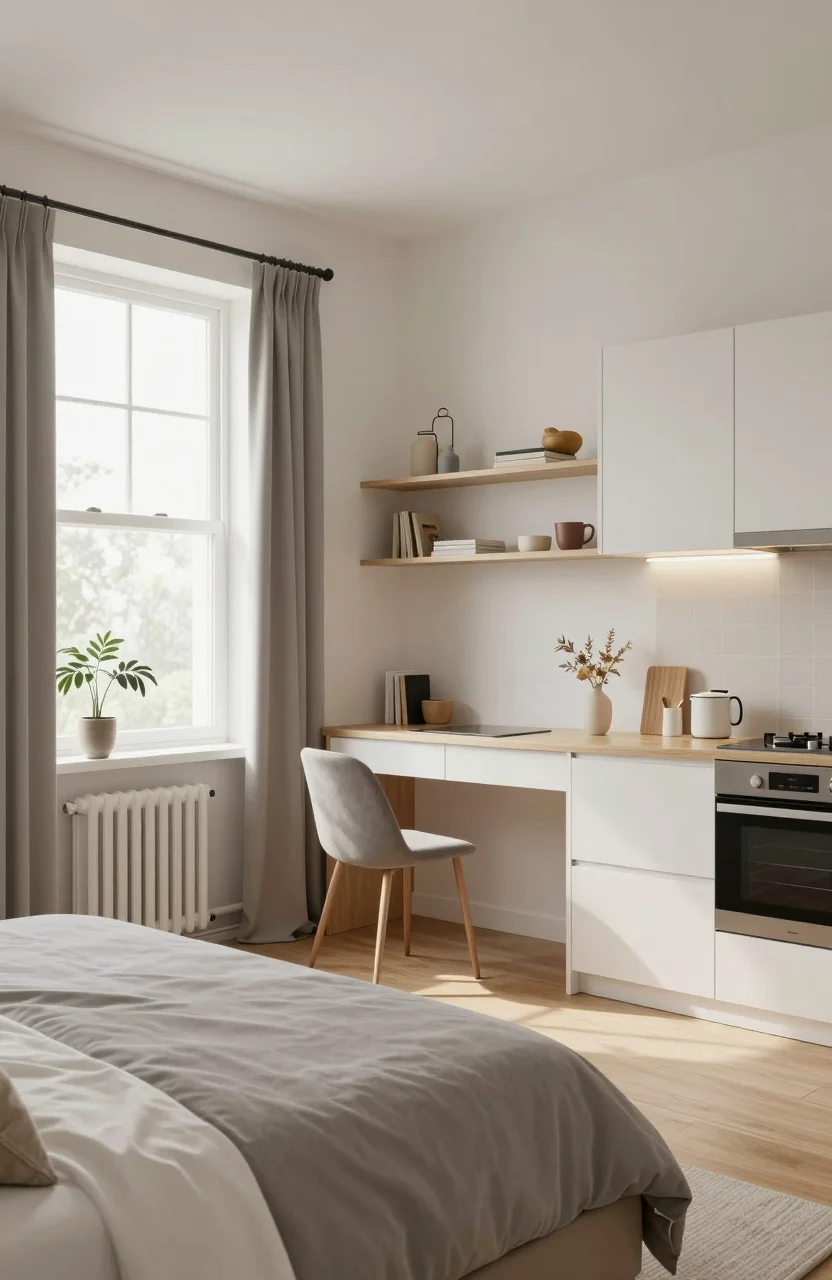 Studio meublé lumineux avec lit rangements et coin bureau près d'une fenêtre