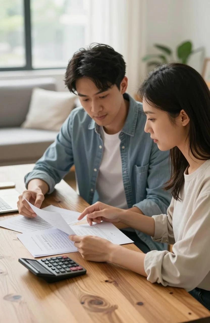 Couple discutant de documents financiers a une table en bois claire