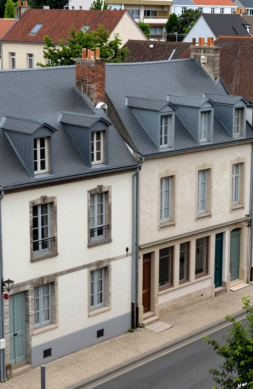 Deux centres-villes français côte à côte vus depuis une hauteur, façades résidentielles et rues animées