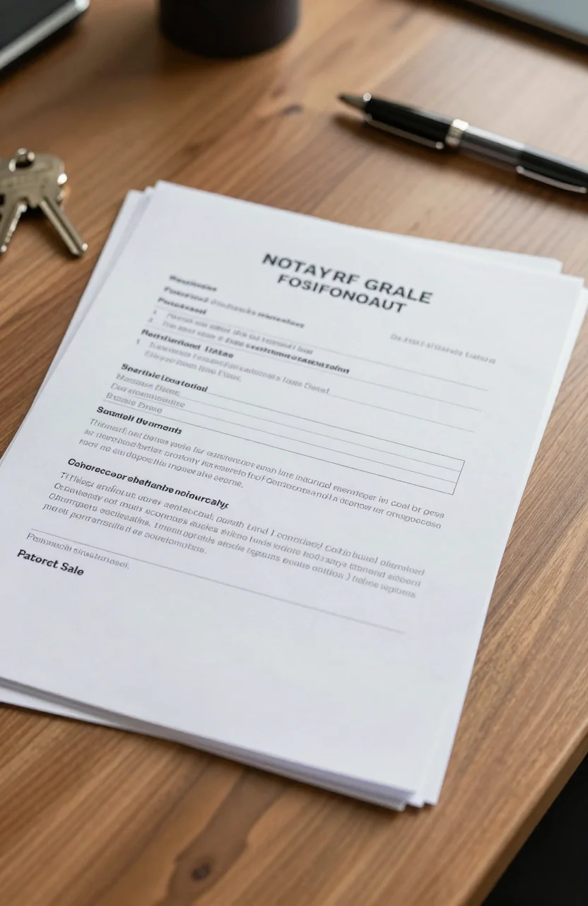 Table de notaire avec dossier de vente immobilière et stylos, lumière naturelle