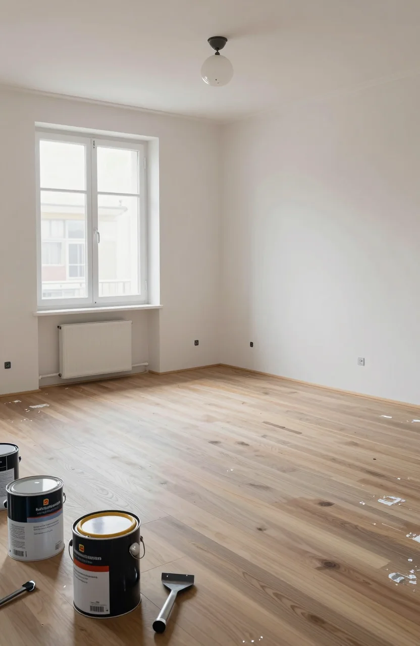 Appartement en rénovation avec outils et matériaux au sol