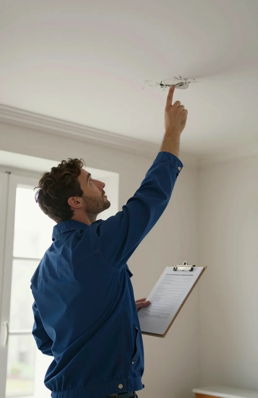 Diagnostiqueur immobilier inspectant un plafond dans une maison ancienne
