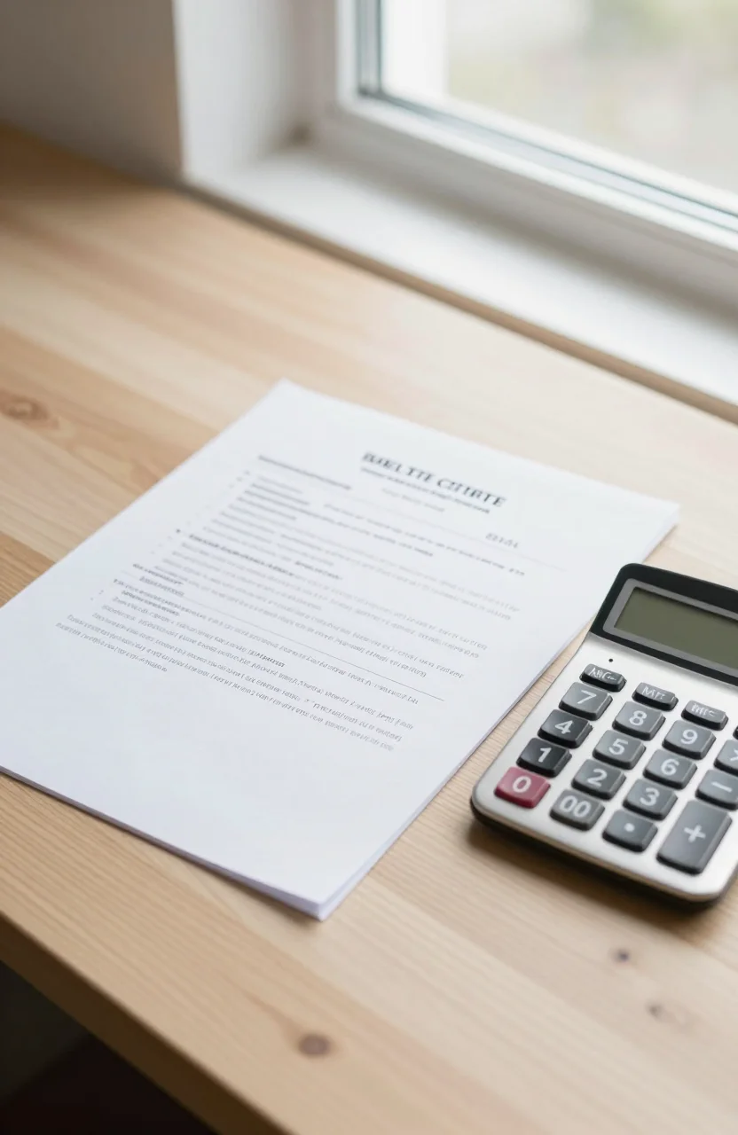 Documents immobiliers et calculatrice sur une table en bois claire près d'une fenêtre