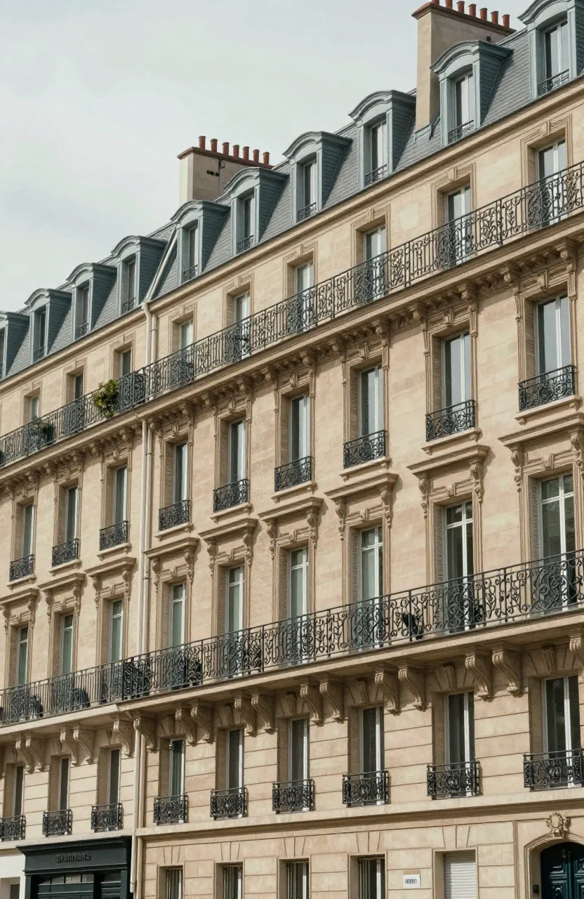 Immeuble résidentiel parisien avec balcons et façades claires sous un ciel dégagé