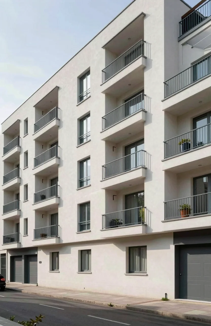 Immeuble residentiel recent sous un ciel clair, facade et balcons