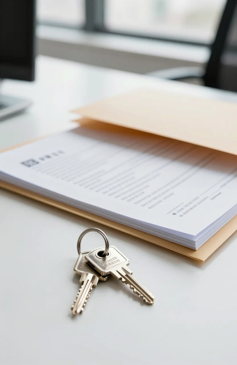 Agence immobiliere avec dossier de vente et cles de maison sur un bureau