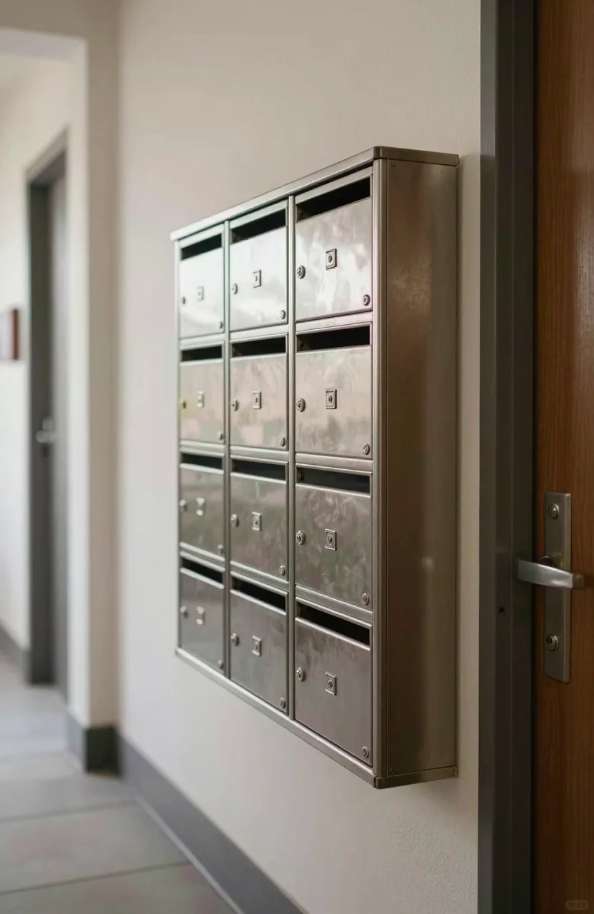 Entree d'immeuble residentiel avec boites aux lettres en metal