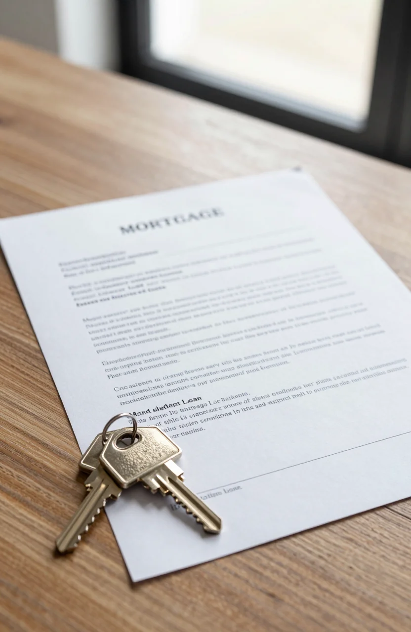 Documents de pret immobilier et cles de maison sur un bureau