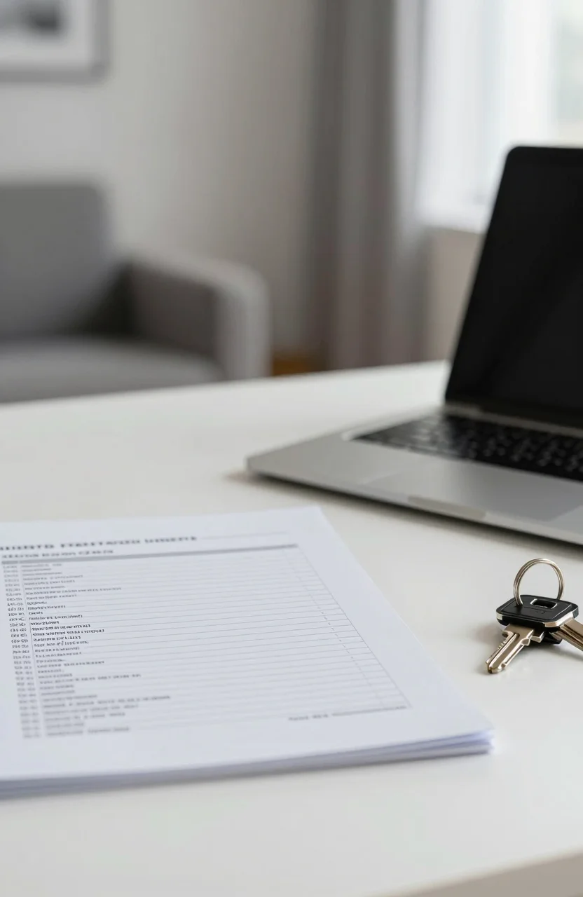 Bureau lumineux avec dossiers fiscaux flous et cles d un appartement meuble