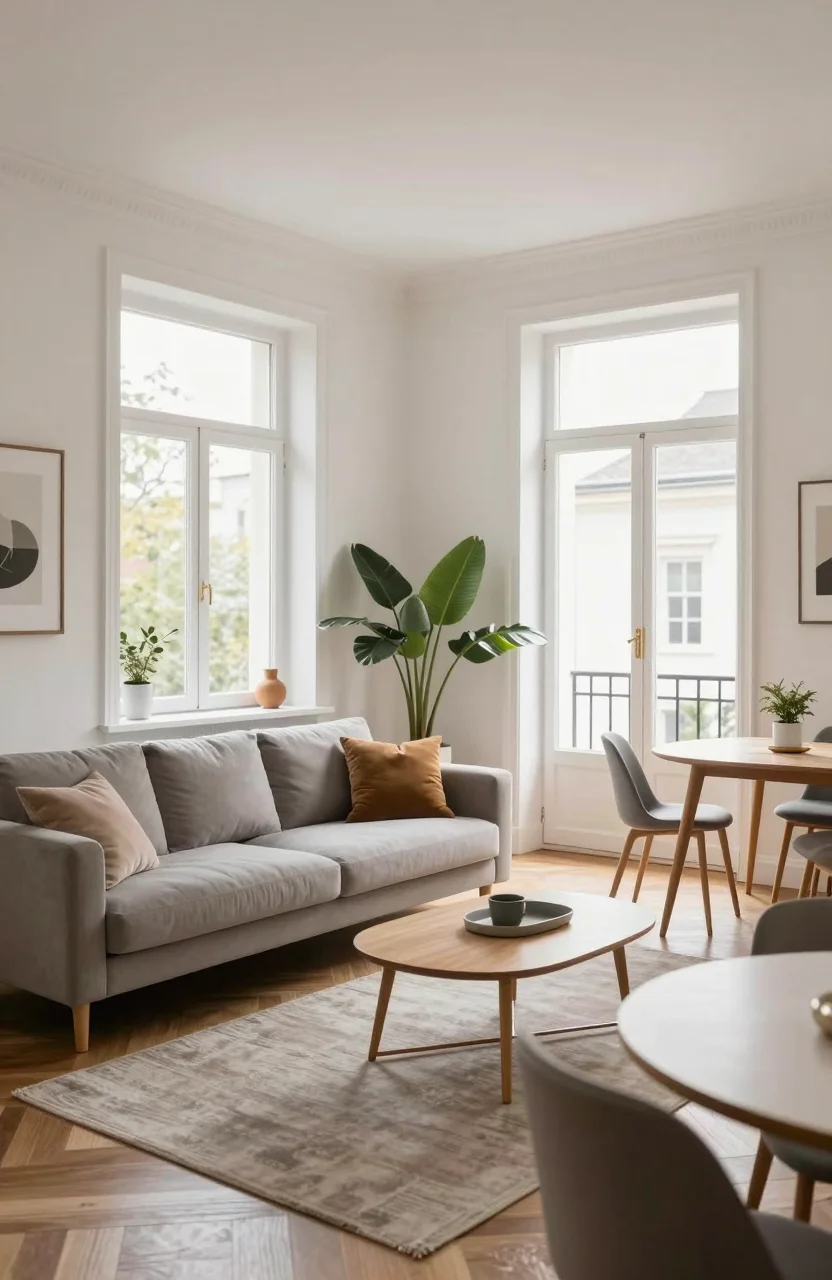 Appartement meublé lumineux avec salon et coin bureau, vue intérieure réaliste