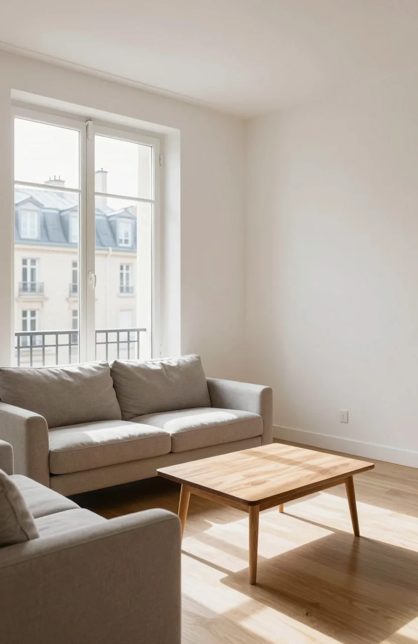 Salon meublé lumineux prêt à louer, sans panneau ni texte visible