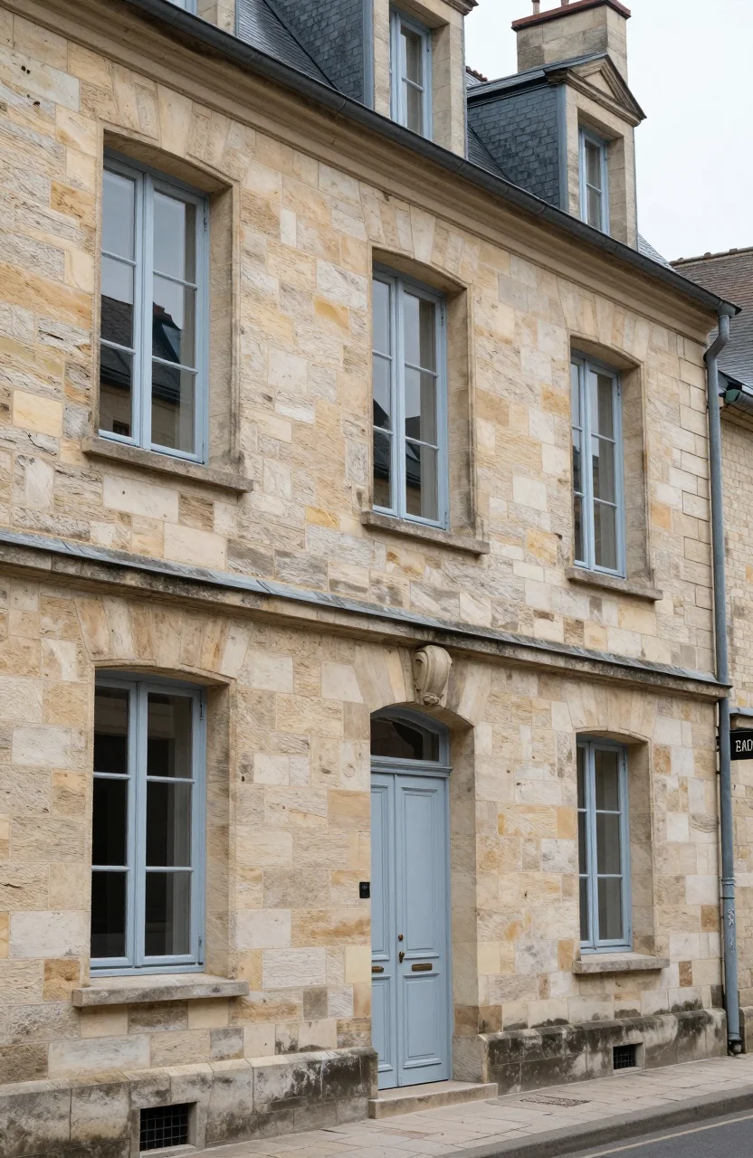 Facade d'immeuble ancien en pierre dans un centre-ville historique