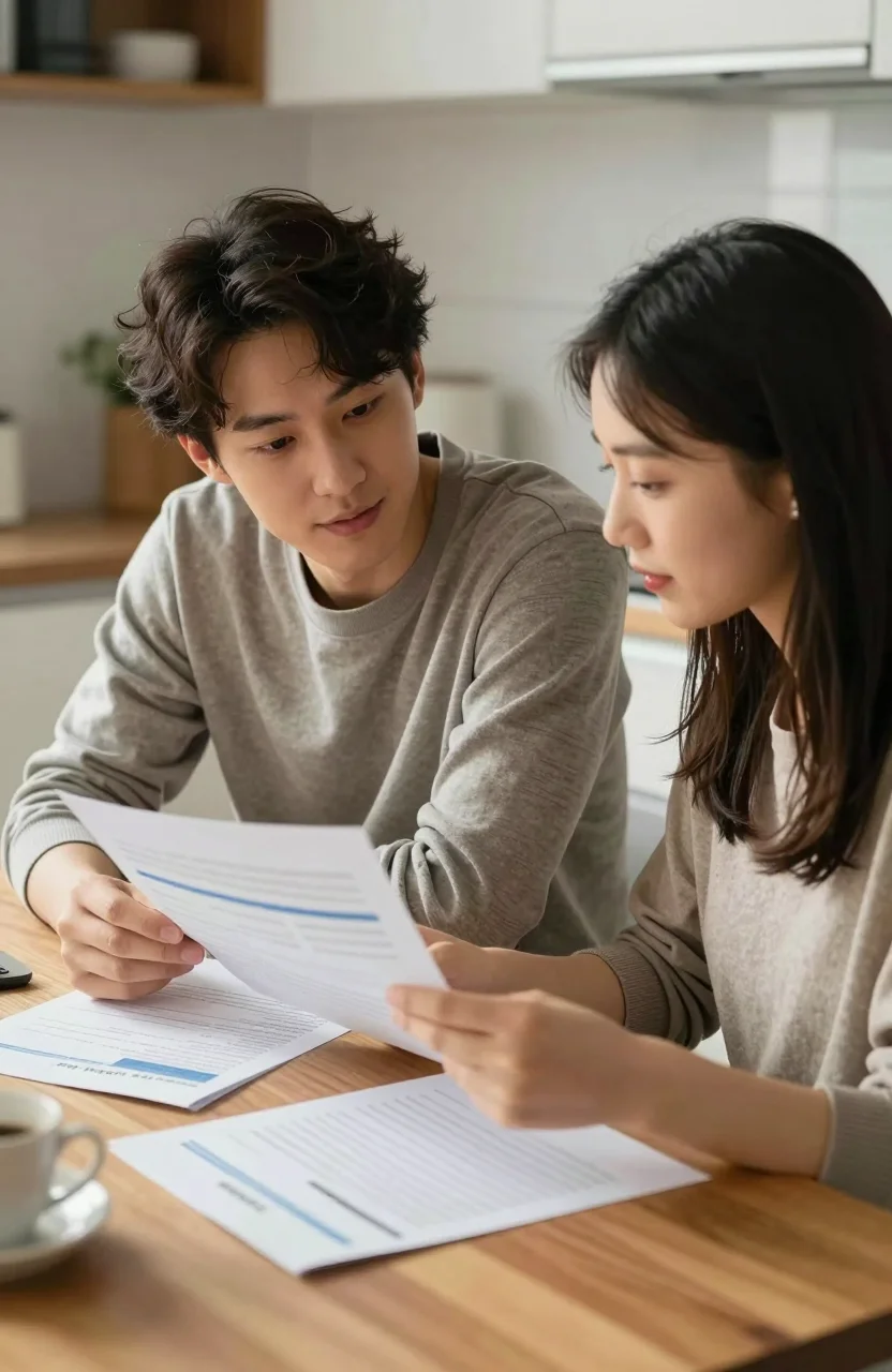 Jeune couple regardant un plan de financement immobilier