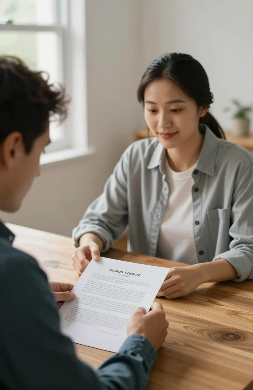 Acheteur et vendeur discutant autour d'une table avec des documents immobiliers, lumière naturelle