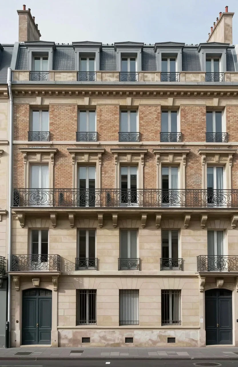 Immeuble résidentiel français en plein jour, façade calme sans panneau ni texte