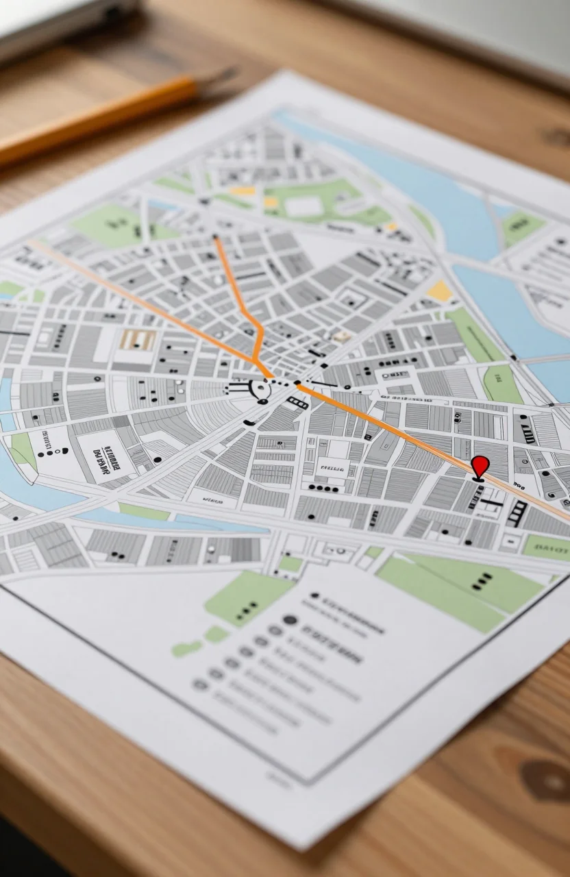 Graphiques immobiliers imprimes a cote d'un plan de ville sur une table