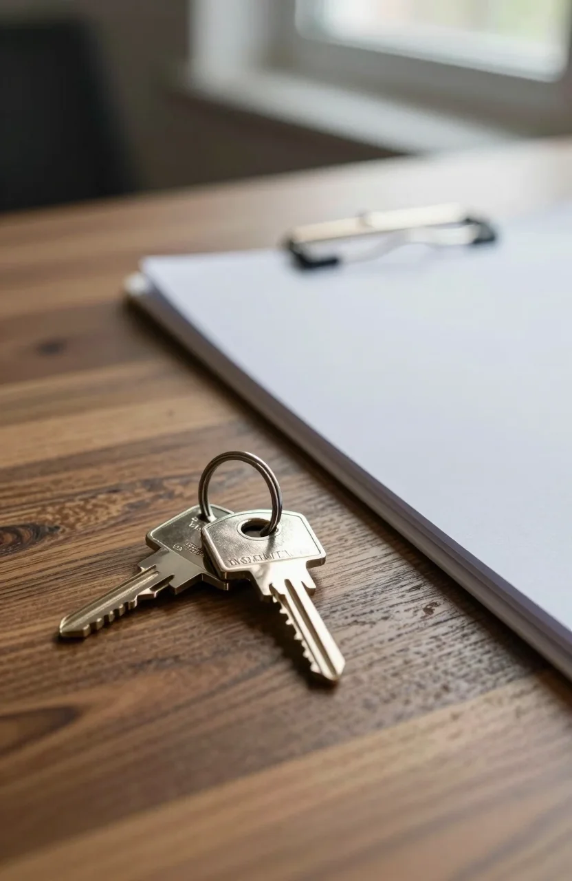 Deux jeux de cles poses sur une table devant un dossier immobilier