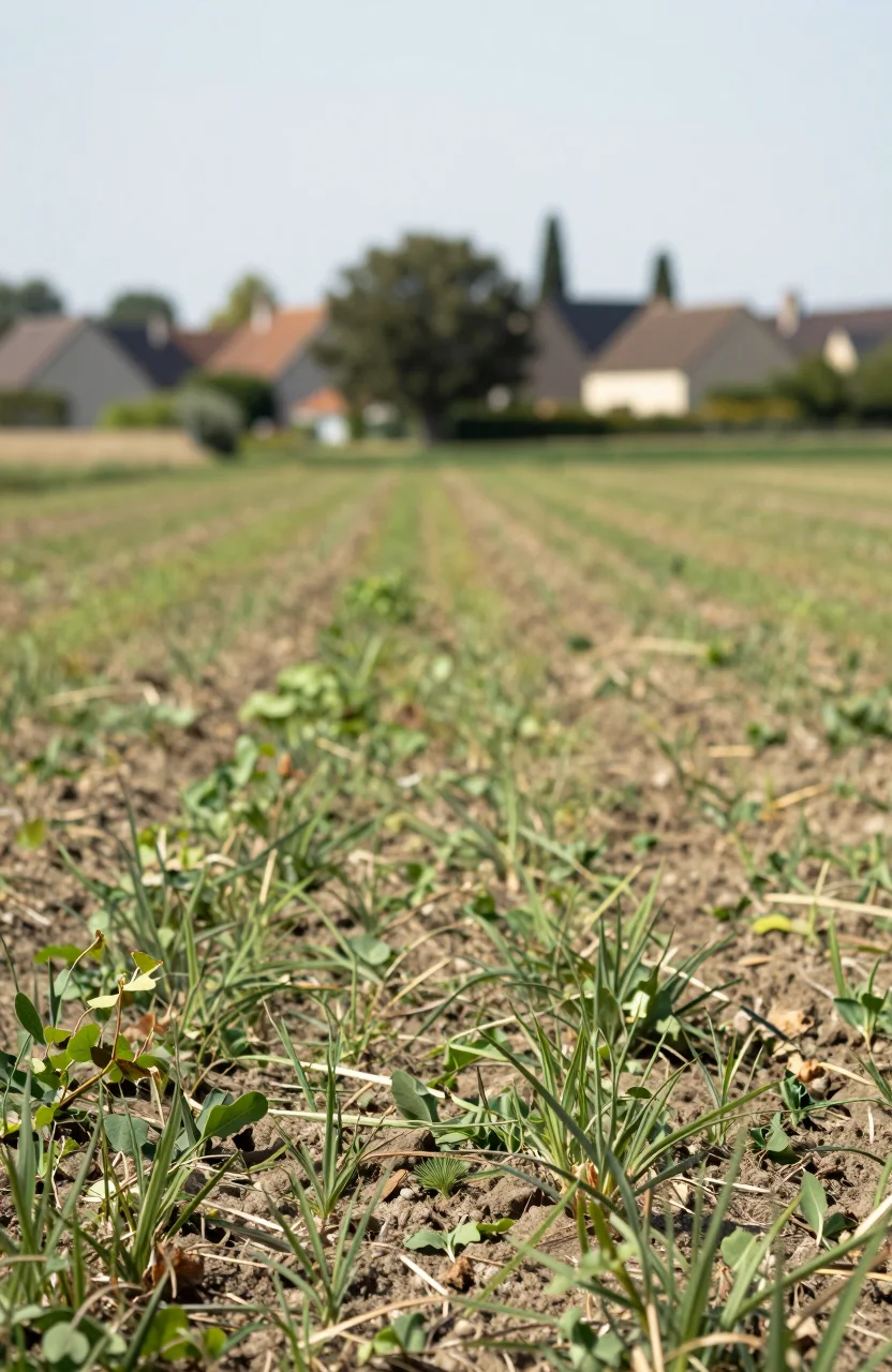 Terrain vide en peripherie avec herbe et horizon, photo realiste