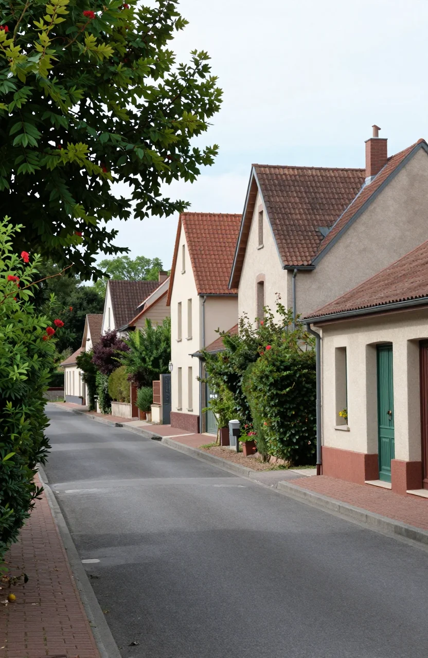 Rue résidentielle d'une ville moyenne française sous un ciel clair